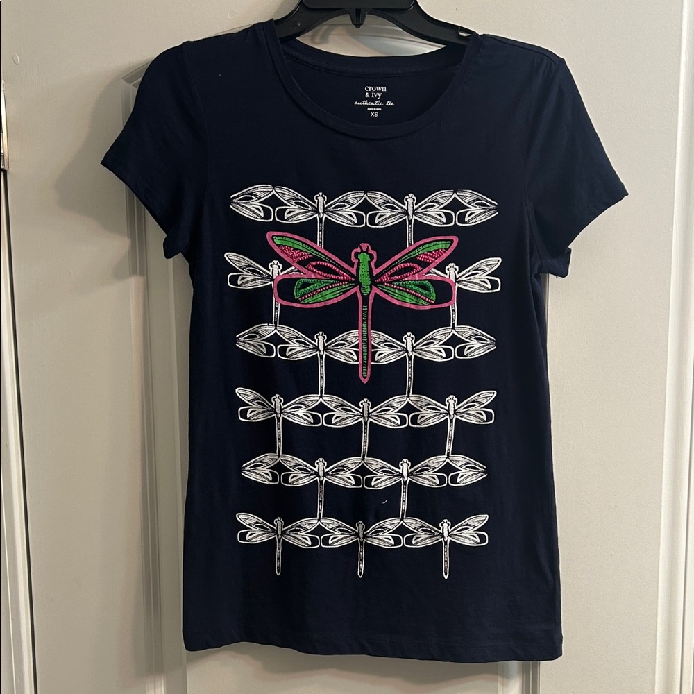 Crown & Ivy Navy Tee with Pink and Green Dragonfly Pattern
